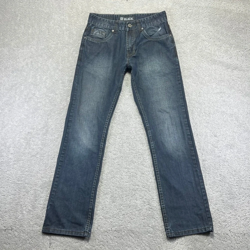 Black Jeans Mens 30x32 Low Rise Slim Straight Dark Wash‎ Denim Distressed Y2k